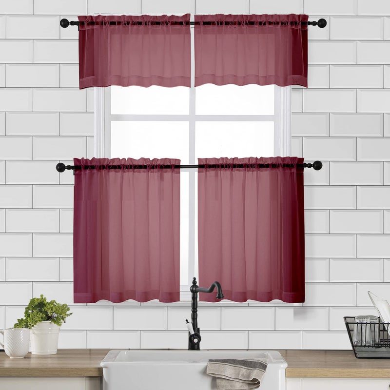 Chyhomenyc Sheer Tier Curtains 24 Inch Length, Small Cute Window Curtains Treatment for Bathroom Living Room Cafe Basement, Short Voile Curtain Tiers 42in x 24in, Rod Pocket, 2 PCS,Burgundy - Image 2